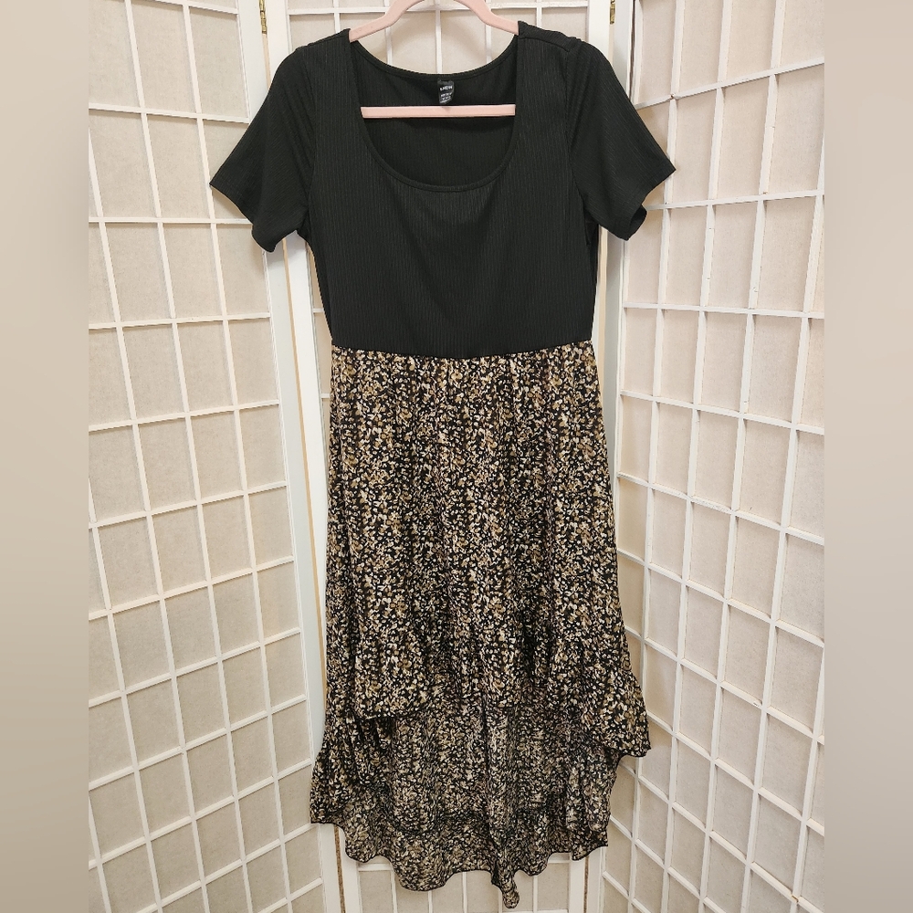Short Sleeve High Low Leopard Print Ruffle Hem Dress